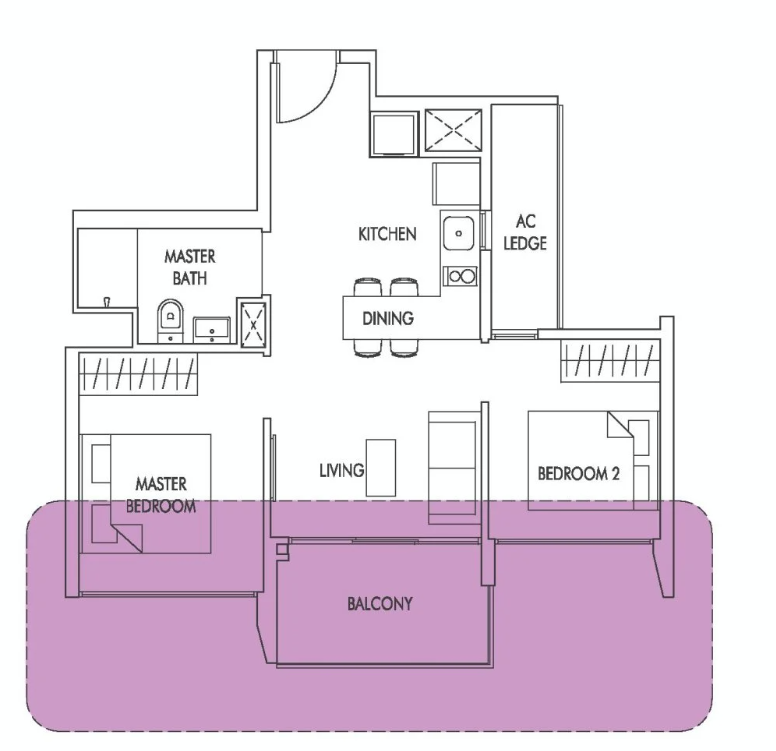 Floor plan of the 57 sqm two-bedroom Executive Condominium unit bought as the rental property