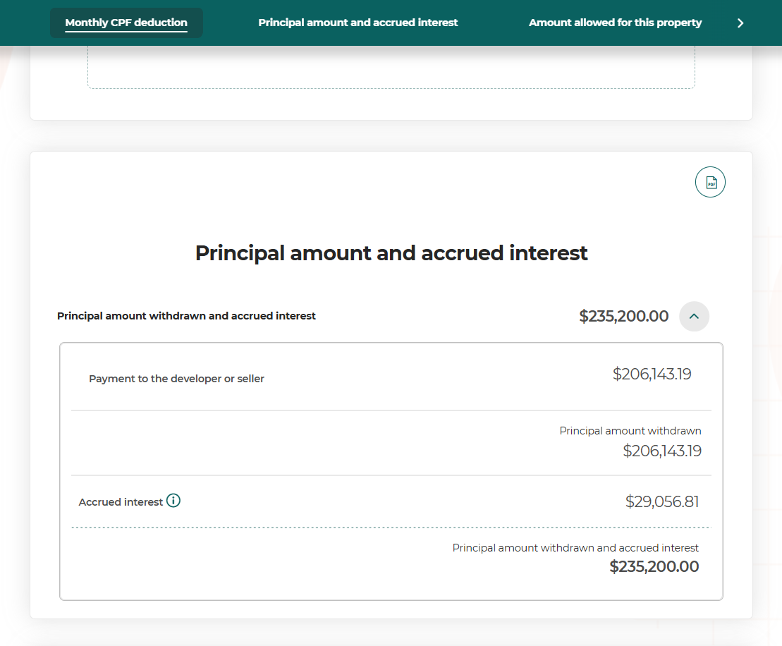 CPF Ordinary Account statement showing the refund credited back after the sale of the HDB flat