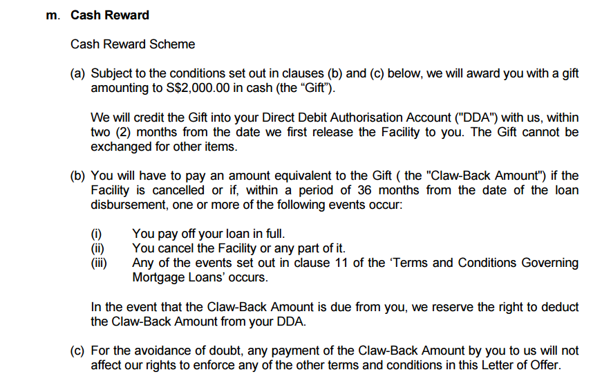 OCBC letter of offer showing the $2,000 cash reward and the 36-month clawback condition, redacted
