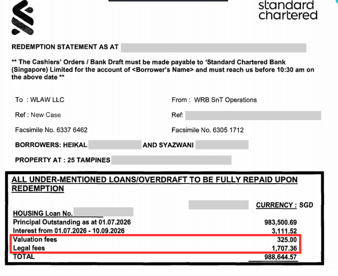 Standard Chartered redemption statement showing clawed back legal fees of $1,707.36 and valuation fees of $325.00, redacted