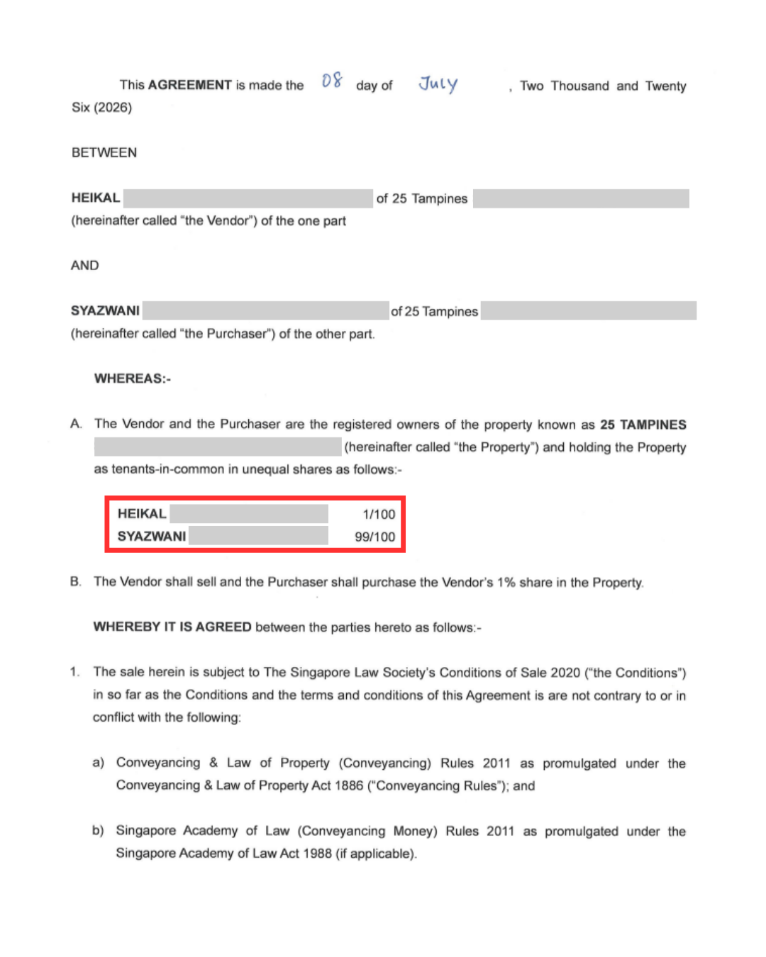 First page of the executed sale and purchase agreement, redacted