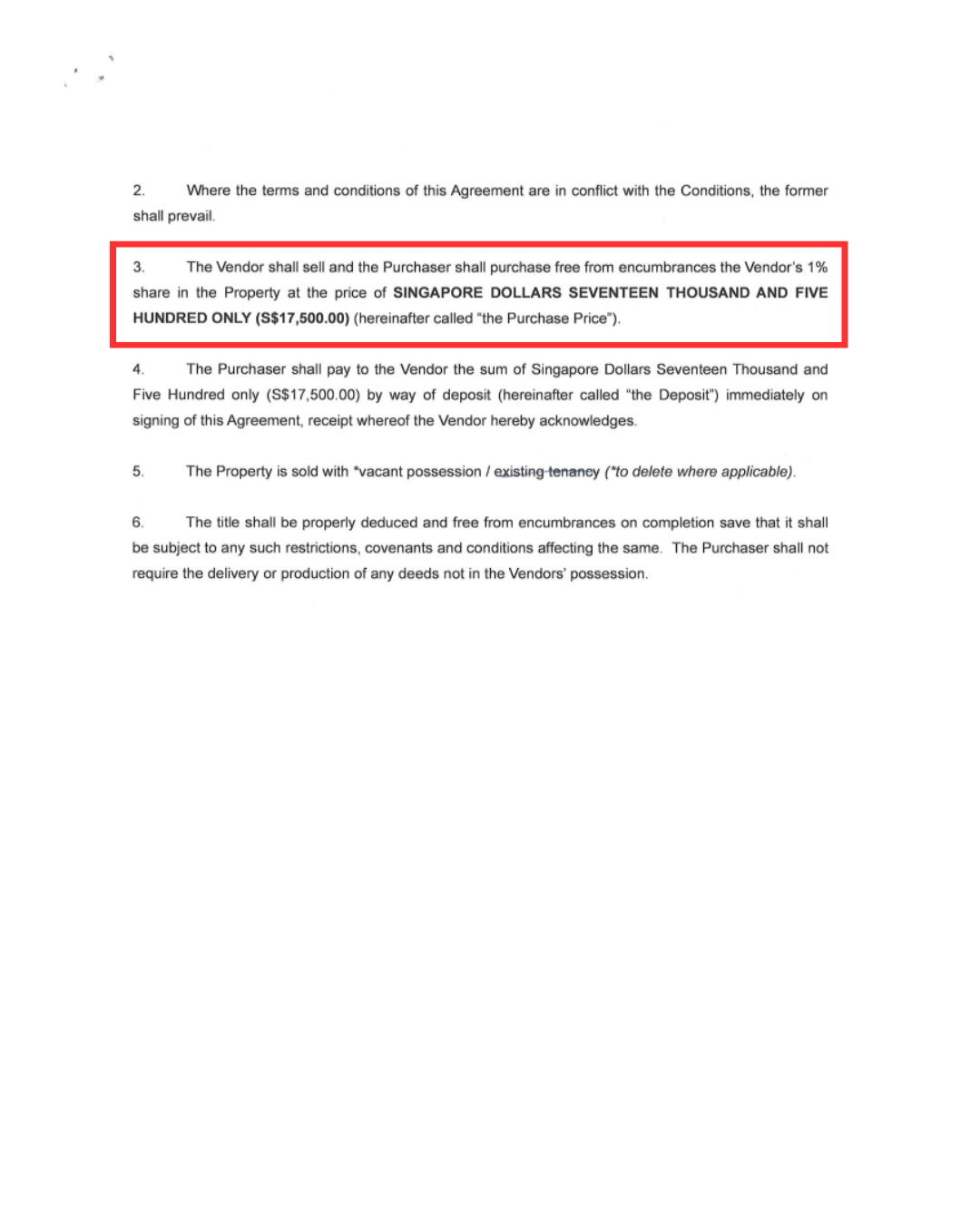 Second page of the executed sale and purchase agreement showing the $17,500 consideration, redacted