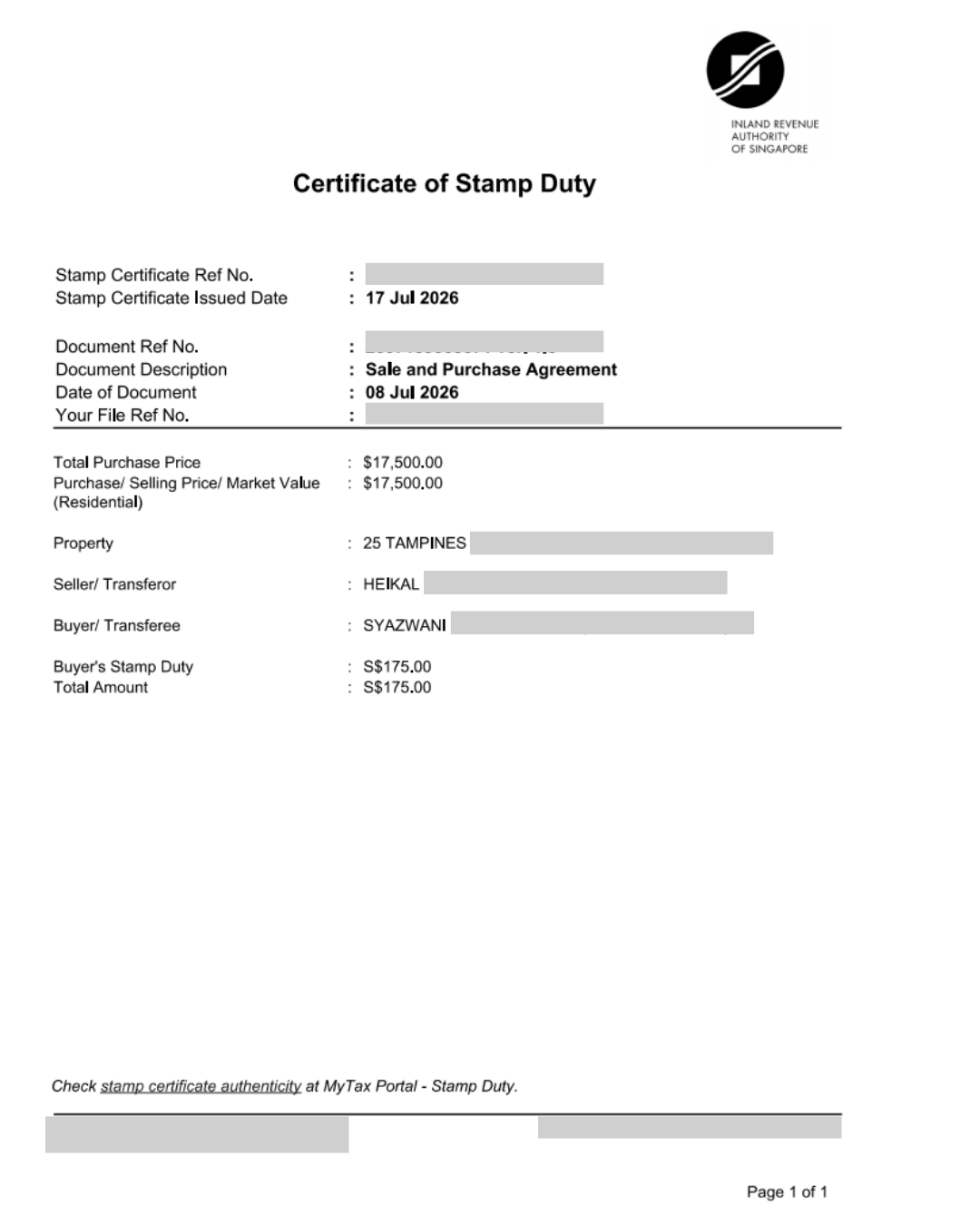 IRAS certificate of stamp duty showing $175 payable on a 1% share transfer