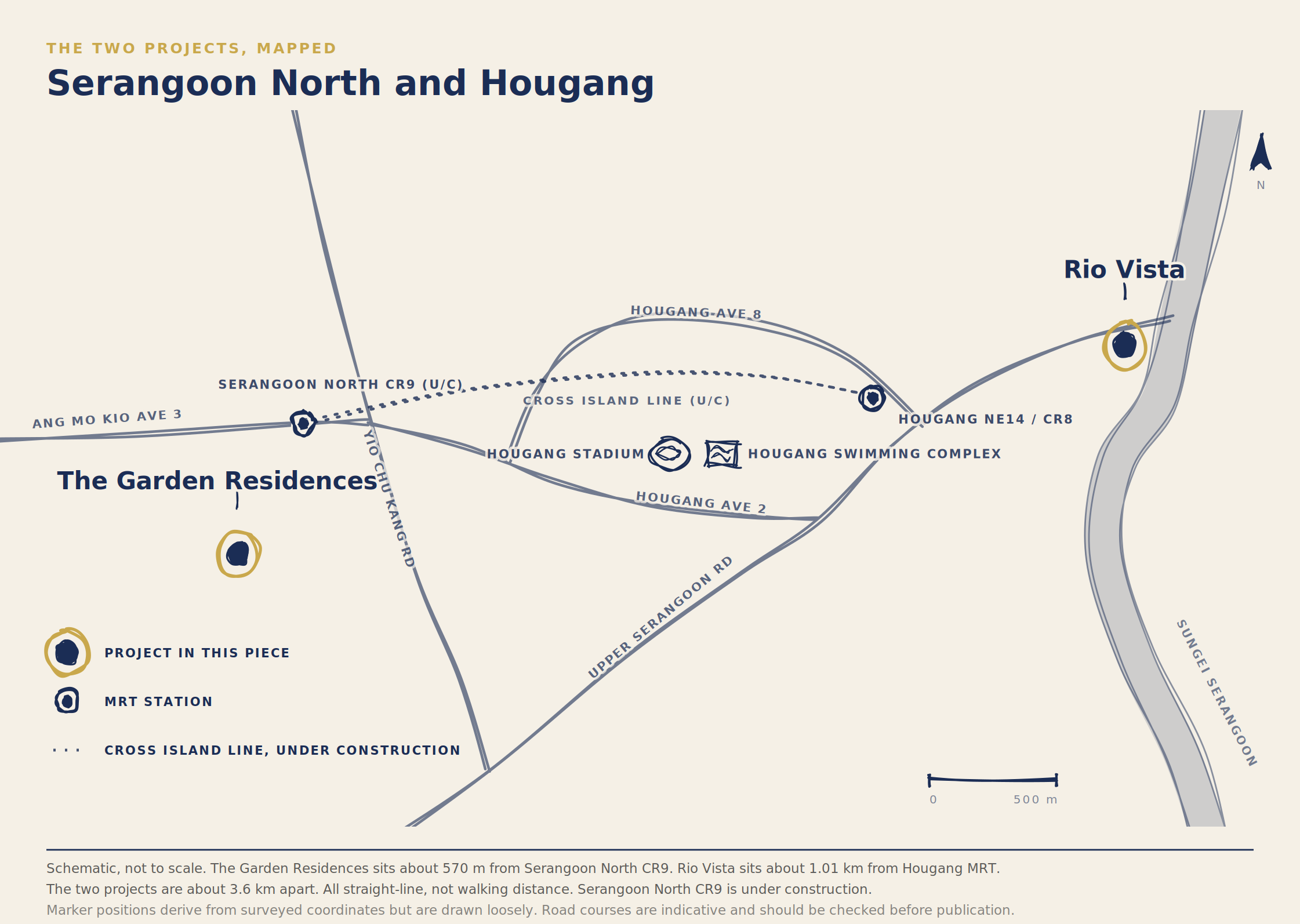 Sketch map showing The Garden Residences in Serangoon and Rio Vista in Hougang, about fifteen minutes apart.