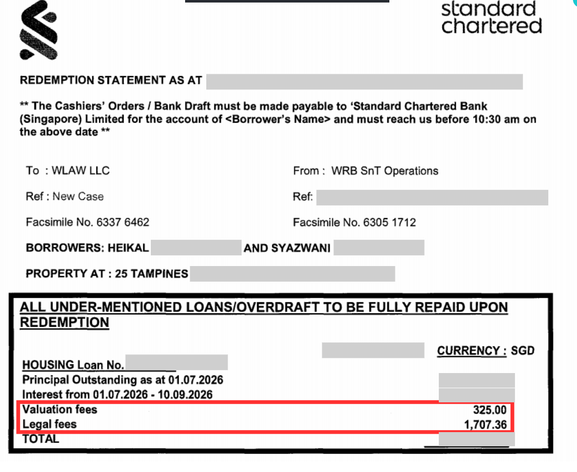 Standard Chartered redemption statement showing clawed back legal fees of $1,707.36 and valuation fees of $325.00, redacted