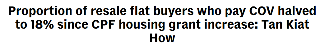 Headline: Proportion of resale flat buyers who pay COV halved to 18% since CPF housing grant increase: Tan Kiat How